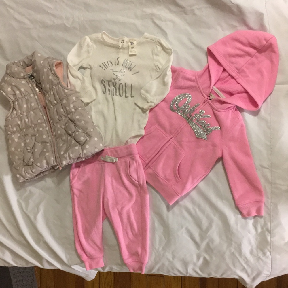 OshKosh puffer vest, pink sweatsuit and onesie 12M
